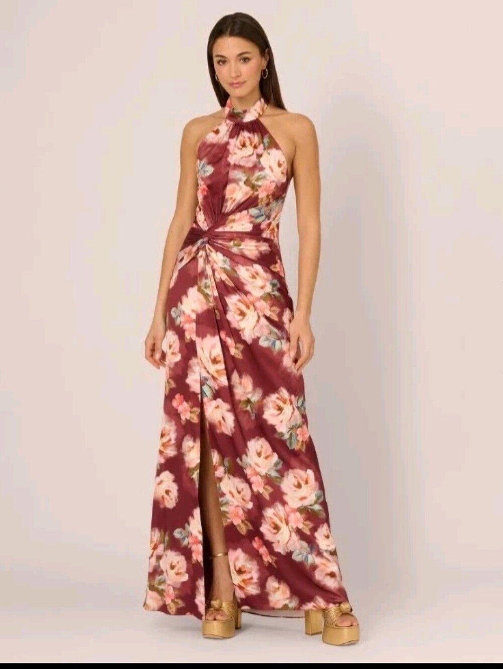Adrianna Papell Floral Satin Halter Maxi Dress Size 8 NWT Brown Wedding Guest - Picture 1 of 12